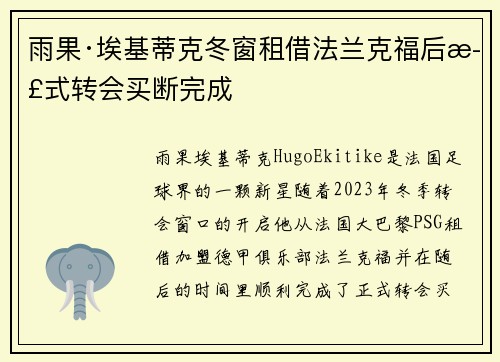 雨果·埃基蒂克冬窗租借法兰克福后正式转会买断完成