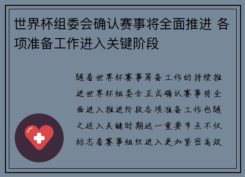 世界杯组委会确认赛事将全面推进 各项准备工作进入关键阶段
